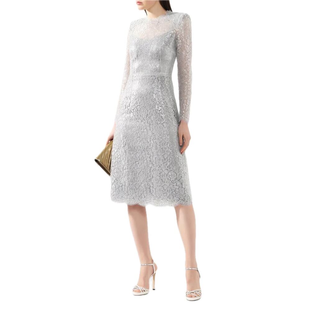 NWT DOLCE & GABBANA Cordonetto Lace Midi Dress Long Sleeves Silver 42 M